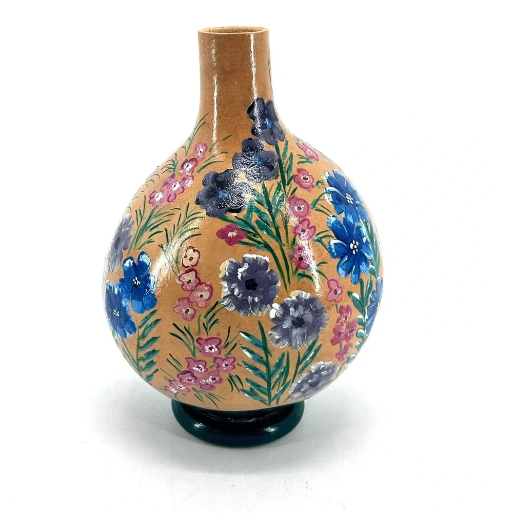 Hand Painted Floral Gourd Folk Art Vase Signed 1998 Blue Pink Flowers